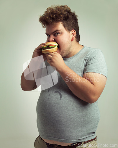 Image of Obesity, weight gain and hamburger for man in studio with food for unhealthy eating, plus size and greed. Overweight person with meal in mouth and fat stomach for expression humor and comedy indoor