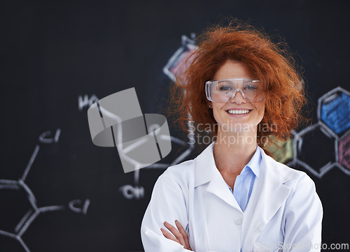 Image of Science, chemistry and portrait of woman with chalkboard for research, education and confidence in university class. Laboratory, medical study and happy scientist at blackboard with chemical symbol