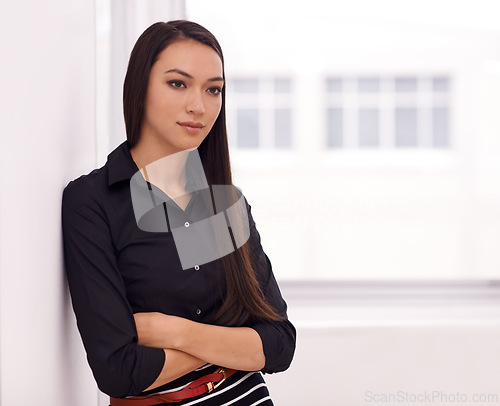 Image of Thinking, window and business woman with arms crossed in office with questions, brainstorming or planning. Idea, dream and female entrepreneur with startup, goal or career pride, remember or solution
