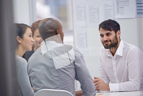 Image of Business people, meeting or feedback with brainstorming, teamwork or discussion for project. PR agency, manager or leader with brainstorming or employees with ideas, consultant or review with startup