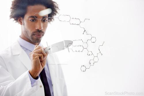 Image of Scientist, man and writing on glass for chemistry with vaccine data, formula brainstorming and pharmaceutical solution. Science, african professional and drawing medical bonds for research analytics