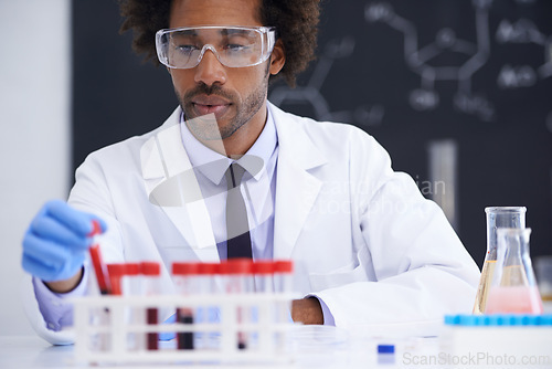 Image of Man, scientist and test tube for blood in laboratory, container and biochemistry for pathology. Black person, biology and DNA research for healthcare, RNA and process for medical innovation study