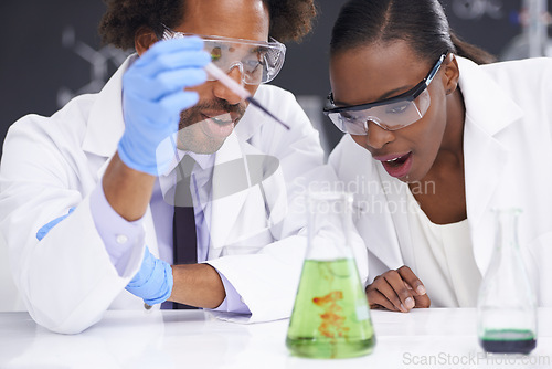 Image of Test tube, science and scientist people in lab for clinical research, study or chemical reaction experiment. Medical, vial and healthcare expert team with medicine, examination or pharma assessment