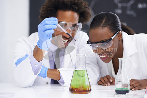 Image of Science, pipette and scientist people in lab for clinical research, study or chemical reaction experiment. Medical, beaker and healthcare expert team with medicine, examination or pharma assessment