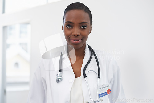 Image of Portrait, healthcare and female doctor with stethoscope, smile and radiology in hospital. Medical, wellness or lab coat for professional physician from Nigeria, neurology or woman surgeon in medicine