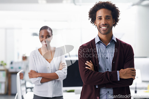 Image of Portrait, business people or arms crossed in office for confidence or collaboration on pc project for company. Man, woman and face for happy in career and IT professional in workplace for technology