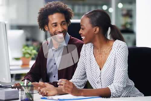 Image of Collaboration, meeting and business black people in office together for planning or strategy. Contract, documents or teamwork with young woman and woman employee in workplace for agenda or review