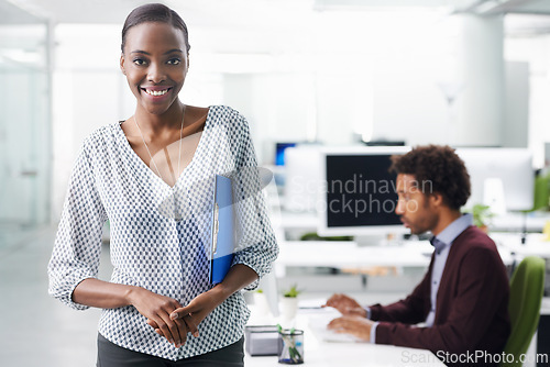 Image of Portrait, administration and documents with business black woman in office for filing or reporting. Human resources, smile and clipboard with confident young employee in workplace for recruitment