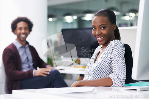 Image of African woman, man and portrait in office with smile, pride and confident at startup company. Black people, employees and happy in workplace with teamwork for collaboration at creative media agency