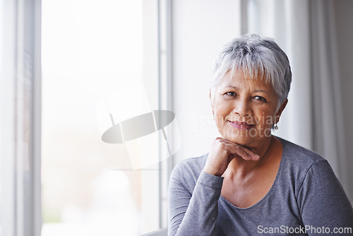 Image of Portrait, sunshine and window with senior woman, confidence and home with retirement and relaxing. View, old person and pensioner with summer and weekend break with afternoon, aged and happiness