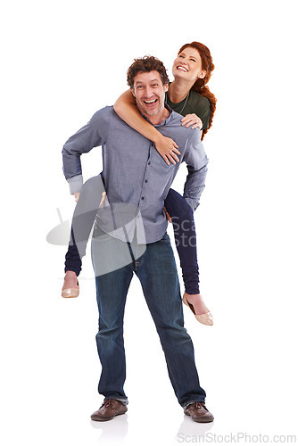 Image of Piggy back, love and smile with couple, portrait and happiness isolated on a white studio background. People, man carrying woman and romance with marriage and bonding together with date and trust