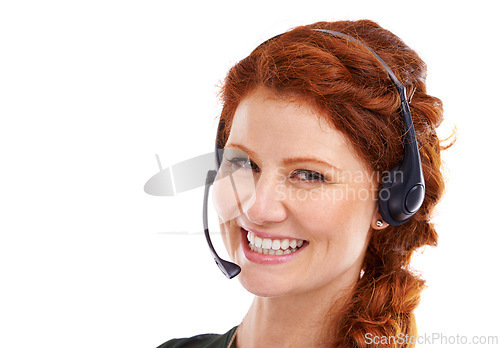 Image of Woman, headset and receptionist portrait in studio, customer service and crm by white background. Female person, consultant and helpdesk advisor or representative, mockup space and technical support