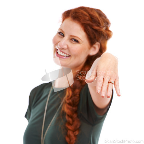 Image of Happy, excited and portrait of woman in studio for proposal, wedding or commitment with white background. Hands, smile and face of female person for engagement ring, diamond jewelry and announcement