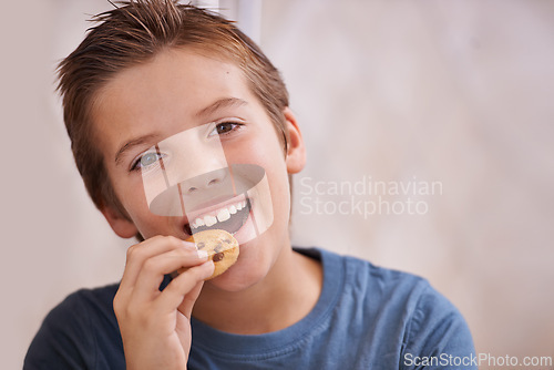 Image of Portrait, smile and boy eating cookie in kitchen of home for hunger, sweet snack or treats. Face, food or biscuit with happy young teen kid biting baked goods alone in apartment for satisfaction