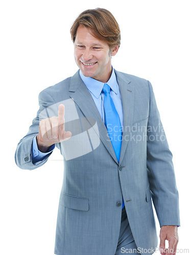 Image of Happy businessman, pointing and touch with interface or interaction on a white studio background. Mature man or male person with finger on selection, choice or decision and invisible mockup space