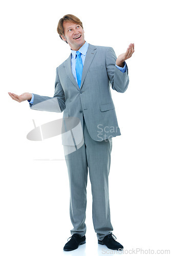 Image of Happy, businessman and choice with hands up in studio for confused and shrug for options in corporate career. Professional, consultant or lawyer with decision or positive solution on white background