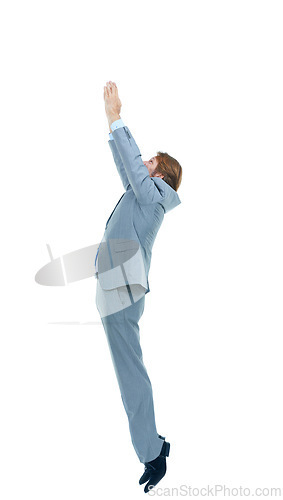 Image of Studio, professional and businessman jump for goal of promotion or upgrade of job or career. White background, male person and employee ready for opportunity in workplace for achievement in startup