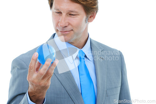 Image of Businessman, hand and ball with vision or globe for career sight or job opportunity on a white studio background. Happy man or employee with smile holding round object or blue orb on mockup space