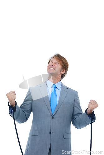 Image of Businessman, studio and frustrated with rope on hands for bondage or hostage with struggle or stress. Male person, tied up for corporate and prisoner for job or work, isolated and white background