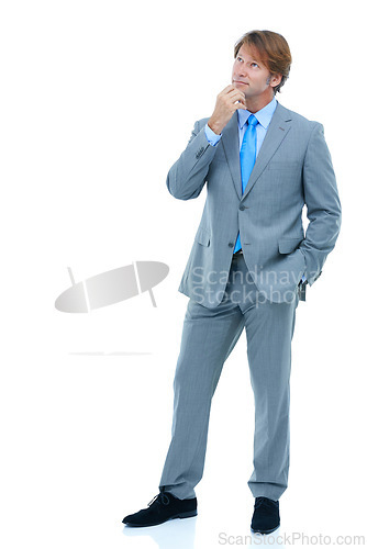 Image of Businessman, thinking and fashion with suit for idea, choice or decision on a white studio background. Man or employee in wonder or thought for selection, opinion or business solution on mockup space