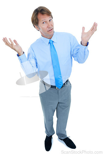 Image of Businessman, questions or hands up in studio portrait for confused or shrug for frustrated in corporate career. Professional consultant, face or lawyer with legal problem solving on white background