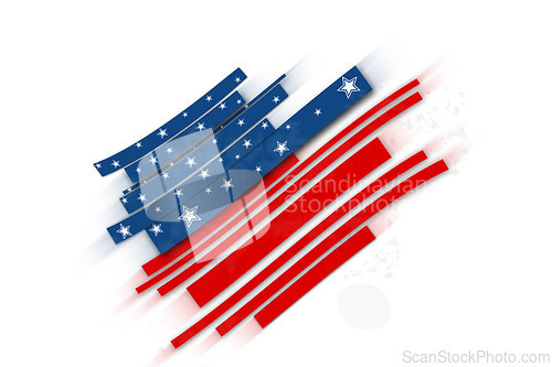 Image of Abstract, graphic and American flag for country pride, stars and stripes design on white background. USA, illustration or wallpaper with heritage, Independence Day celebration and blue with red