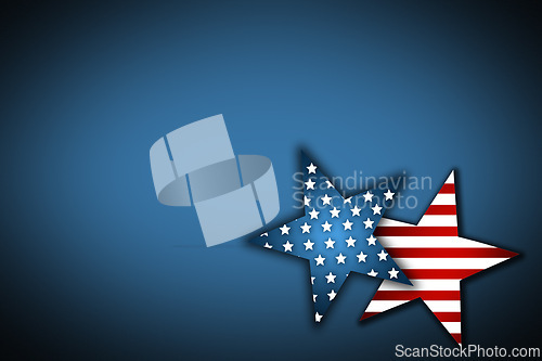 Image of Star, America and graphic with mockup space on banner of stripes, illustration or theme on blue studio background. Empty, symbol and pattern with shape or icon of USA for heritage or independence day