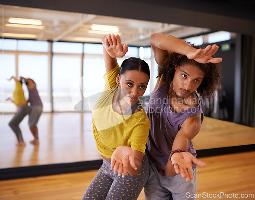 Image of People, ballet and dance practice in studio, performance and training together for rehearsal. Partners, competitive and movement for recital, team and artists for collaboration in creative routine