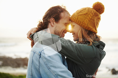 Image of Happiness, beach or couple with love, sunshine or relaxing with holiday with embrace or honeymoon. Journey, relationship or man with woman or outdoor with vacation or seaside with adventure or date