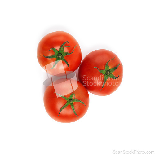 Image of Tomatoes, closeup and studio for health, wellness or organic diet on countertop. Fruit, nutrition or produce for eating, gourmet and meal or cuisine with vitamins with high angle on white background