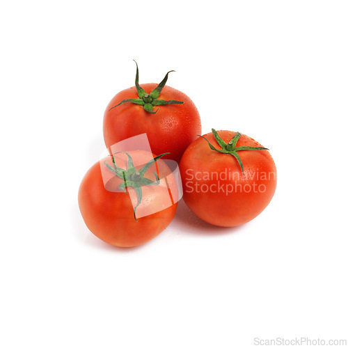 Image of Tomatoes, closeup and studio for health, wellness or organic diet on counter. Fruit, nutrition or produce for eating, gourmet and meal or cuisine with vitamins for weight loss on white background