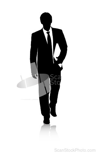 Image of Silhouette, business man or walking by white background with file, professional or working in graphic. Accountant, financial documents or auditing in illustration or paperwork in abstract in startup