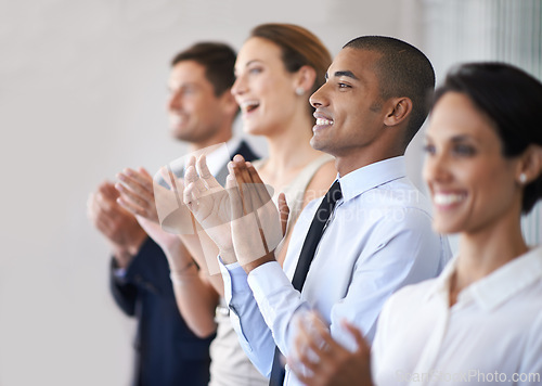 Image of Diversity, employees and clapping in office, professional celebration or presentation. Success, stand for applause for corporate businesspeople, team victory for winning or good news and achievement