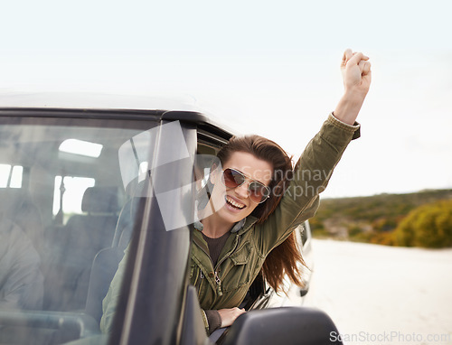 Image of Woman, excited or window in success on road trip or getaway for travel and leisure in Mexico. Car, female person or traveler for fist on driving holiday in motor transport as journey of exploration