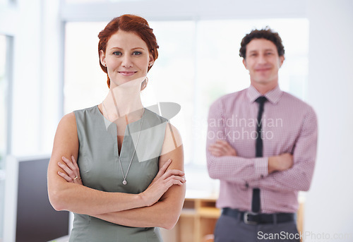 Image of Portrait, pride and businesswoman with smile in office, professional and corporate in workplace. Female person, confident and happy with colleague for business deal or startup project for future