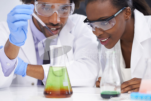 Image of Pipette , science and scientist people in lab for clinical research, study or chemical reaction experiment. Medical, beaker and healthcare expert team with medicine, examination or pharma assessment