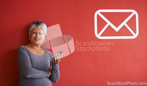 Image of Portrait or woman, smartphone and message in mockup, notification and text on mobile for networking. Elderly person, smile and happy with cellphone for communication, connectivity and phone with tech