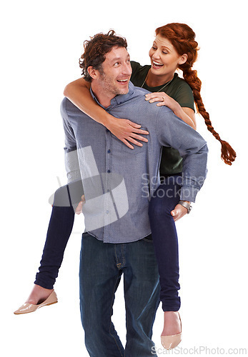 Image of Piggy back, love and smile with couple, excited and relationship isolated on white studio background. Cheerful, man carrying woman or romance with marriage or bonding together with date and happiness