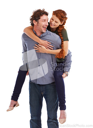 Image of Piggy back, love and smile with couple, happiness and relationship isolated on a white studio background. People, man carrying woman and romance with marriage and bonding together with date and joy