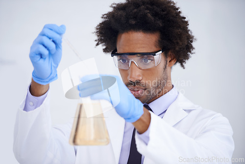 Image of Man, pipette and flask for science in laboratory, experiment and liquid for biochemistry in container. Black male person, doctor and research for breakthrough, solution and process for medical study