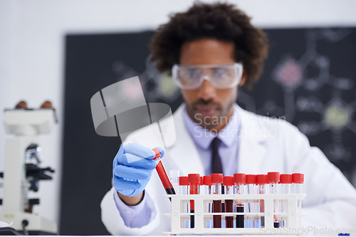 Image of Man, pathology and test tube for blood in laboratory, science and biochemistry for experiment. Black person, biology and DNA research for healthcare, RNA and process for medical innovation study