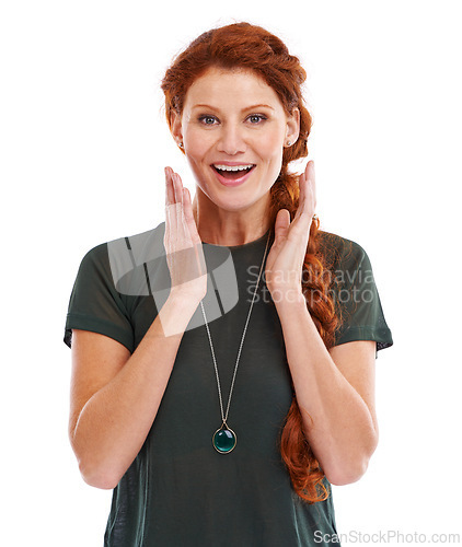 Image of Happy, wow and portrait of woman in studio for announcement, competition or giveaway with white background. Hands, emoji and face of female person for sign up promotion, surprise and notification