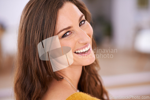 Image of Home, happiness and woman with smile in portrait, positive attitude or good mood with pride. Casual, confidence and optimism with joy, delight and comfortable at house or apartment with satisfaction