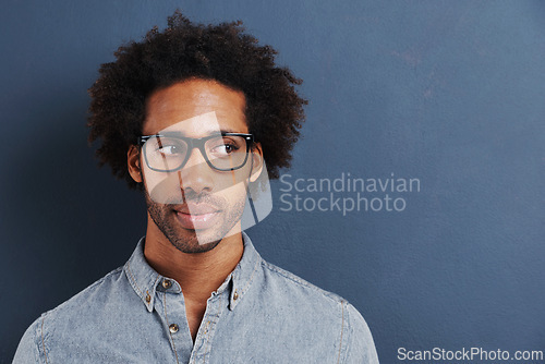 Image of Thinking, doubt and man with glasses on studio mockup for planning, questions or asking on blue background. Why, curious and African male model with guess, forgot and problem solving or solution