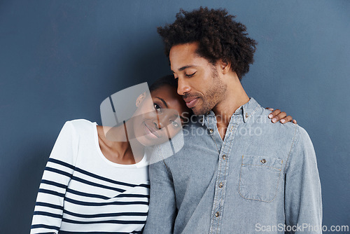 Image of Happy, portrait and black couple hug with love on studio background together with cool fashion. African, people and smile in embrace for profile picture with casual style and clothes on mockup space