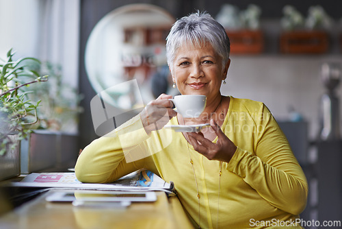 Image of Portrait, tea and mature woman in coffee shop to relax for break, retirement or weekend free time. Cafe, customer and happy person drinking fresh, warm beverage in restaurant for morning satisfaction