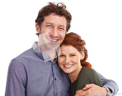 Image of Couple, portrait and hug for love in studio, romance and smile for relationship on white background. Happy people, commitment and trust in security of marriage, bonding and embrace for anniversary