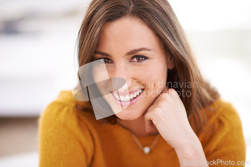 Image of Woman, portrait and confident in home to relax for rest, comfort and peace with happiness for wellness or wellbeing. Female person, calm and unwind for weekend break, relaxed outfit and stress free.