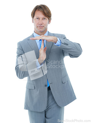 Image of Businessman, portrait and hands with stop for no, wait or negative on a white studio background. Man or employee with disapproval sign or gesture for halt, disagreement or timeout on mockup space