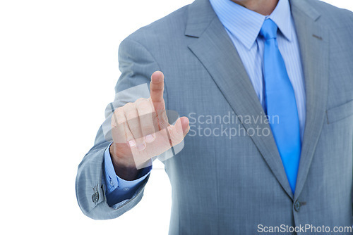 Image of Businessman, hands and pointing with touch for UI, UX or interaction on a white studio background. Closeup of man or male person with finger on invisible interface or selection with mockup space